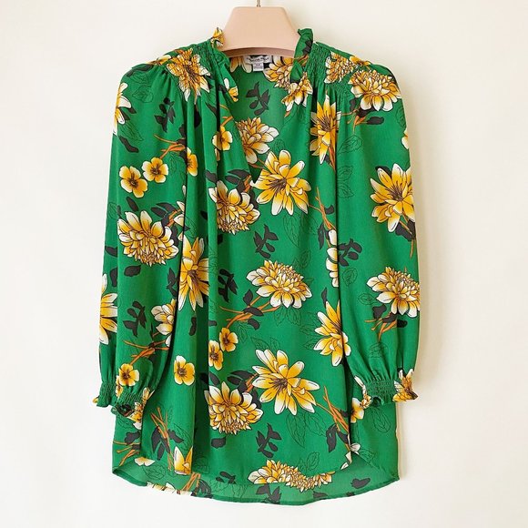 emerald green and yellow flower blouse - Picture 14 of 15